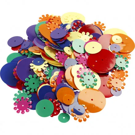Paljetter, sorterade färger, runda, storlek 10–25 mm, 250 g / 1 förp.